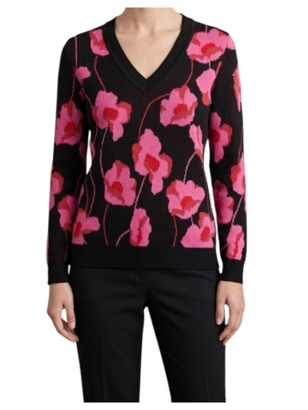 Cabi Rococo Pink Black Peony Floral Preppy Relaxed Fit Sweater Size Small